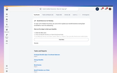 Screenshot of the Workday AI-enhanced search results page showing a list of data sources and benefits. The interface includes a search bar at the top and a structured table layout displaying various data entities and their descriptions.
