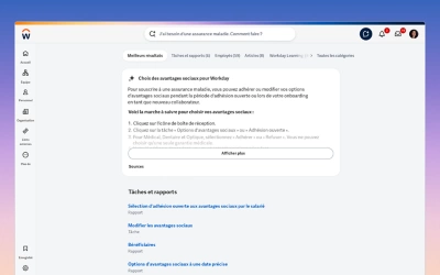 Capture d'écran de la page de résultats de recherche Workday optimisée par l'IA affichant une liste de sources de données et d'avantages sociaux. L'interface comprend une barre de recherche en haut et une mise en page sous forme de tableau structuré affichant diverses entités de données et leurs descriptions.