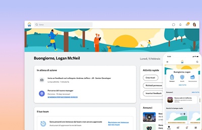 Screenshot del dashboard Employee Experience con i widget relativi a check-in e carriera.