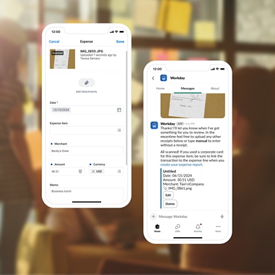 Dwa telefony komórkowe wyświetlające ekrany potwierdzające zeskanowanie, przesłanie i wysłanie paragonu za transakcję związaną z wydatkiem w aplikacji Workday.
