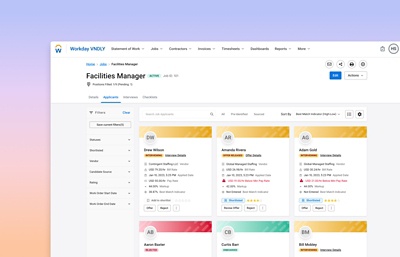 鶹ý VNDLY applicants review dashboard quickly identifies the applicants who best meet your needs based on experience and other requirements.