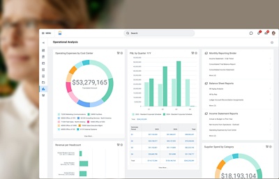 Dashboard di analisi operativa e gestione finanziaria che visualizza le spese operative per centro di costo e il conto economico per trimestre.