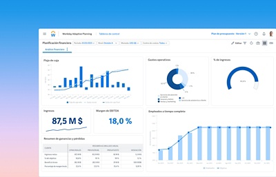 Captura de pantalla del tablero de mando de planificacin financiera de ݮƵ con tablas de datos que muestran el flujo de caja, los gastos operativos, los ingresos y ms. 