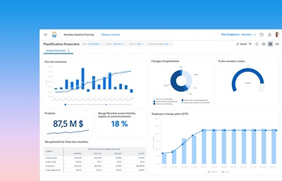 Capture dcran du tableau de bord de ݮƵ Financial Planning montrant des tableaux de donnes indiquant les flux de trsorerie, les charges dexploitation, les produits et plus encore. 