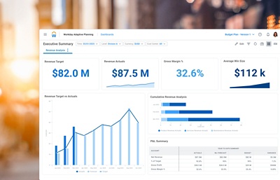 Dashboard 'Financial Planning' met een samenvatting van prestatiedata van omzetanalyse. 