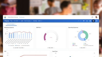 Screenshot of Workday Adaptive Planning software Financial Analysis dashboard.