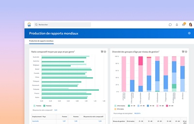 Tableau de bord des rapports globaux prsentant des graphiques  barres sur le ratio de rmunration moyen par transporteur et par sexe, ainsi que sur la diversit des groupes d?ge par niveau de gestion.