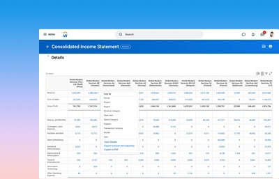 Screenshot eines Dashboards mit konsolidierter Gewinn- und Verlustrechnung als globale Basis