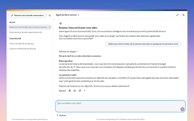 Capture d����cran plein ��cran de la page d��accueil de ��ݮ��Ƶ sur ordinateur, avec le panneau de l��assistant d��IA Sana. L��interface affiche une fen��tre de clavardage conversationnel superpos��e au tableau de bord, illustrant une interaction en temps r��el pour l��automatisation des t?ches et les demandes de renseignements.
