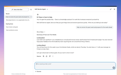 A full-screen desktop screenshot of the Workday home page featuring the Sana AI assistant panel. The interface shows a conversational chat window overlaid on the dashboard, demonstrating a real-time interaction for task automation and data inquiries.