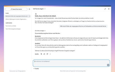 Vollbild-Desktop-Screenshot der Workday-Home-Seite mit dem Panel des Sana KI-Assistenten. Die Oberfläche zeigt ein auf dem Dashboard eingeblendetes interaktives Chatfenster mit einer Echtzeit-Interaktion für Aufgabenautomatisierung und Datenanfragen.