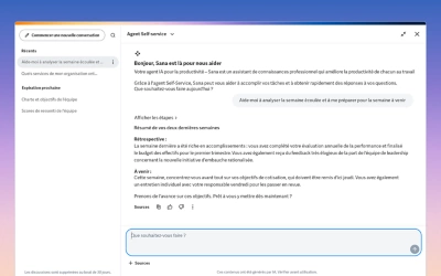 Capture d'écran de bureau de la page d'accueil Workday présentant le panneau de l'assistant IA Sana. L'interface montre une fenêtre de chat conversationnel superposée au tableau de bord, démontrant une interaction en temps réel pour l'automatisation des tâches et les requêtes de données.