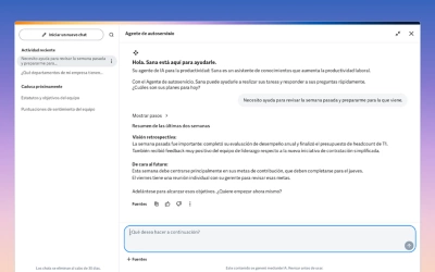 Captura de pantalla completa de la p��gina de inicio de ��ݮ��Ƶ, con el panel del asistente de IA de Sana. La interfaz muestra una ventana de chat conversacional superpuesta al tablero de mando, como ejemplo de una interacci��n en tiempo real para la automatizaci��n de tareas y las consultas de datos.