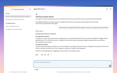 Screenshot della pagina iniziale desktop di Workday con il pannello dell'assistente AI Sana. L'interfaccia mostra una finestra di chat sovrapposta al dashboard, che illustra un'interazione in tempo reale per l'automazione delle attività e le richieste di dati.