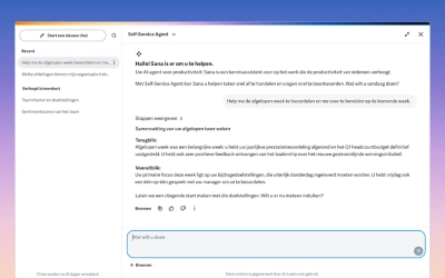 Een screenshot van de Workday-startpagina op volledig scherm met het venster van de Sana AI-assistent. De interface toont een chatvenster op het dashboard met een realtime interactie voor het automatiseren van taken en opvragen van data.