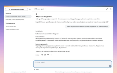 Zrzut całości ekranu strony głównej Workday na komputerze z panelem asystenta Sana AI. Interfejs przedstawia okno czatu konwersacyjnego nałożone na pulpit, demonstrując interakcję w czasie rzeczywistym służącą do automatyzacji zadań i zapytań o dane.