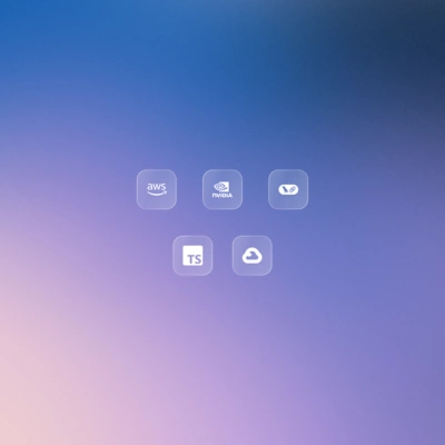 Tech icons for AWS, NVIDIA, LangChain, TypeScript, and Cloudflare displayed on a blue gradient background.