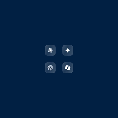 Dark blue card with Claude, Gemini, OpenAI, and Copilot icons below three user avatar badges.