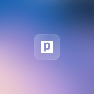 Blue and purple gradient background with a centered translucent button featuring a lowercase "p" logo.