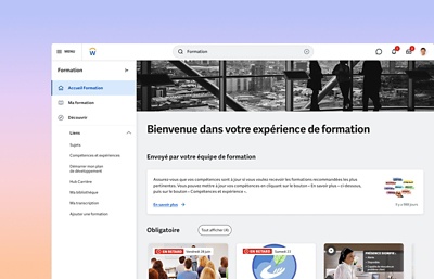 Page d'accueil du tableau de bord de Learning affichant les recommandations de cours et les t?ches requises.