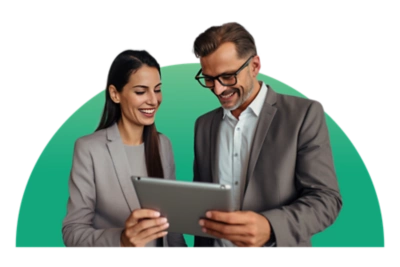 People looking at a tablet with a green gradient shape behind them.