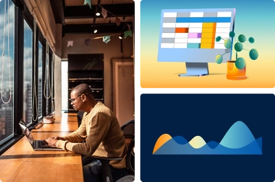 Man Working With Computer Near Window Data Chart Layered Waves Computer Plant Collage