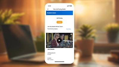 Screenshot showing a work-study job posting via the payroll and workforce management interface on mobile.