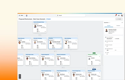 Screenshot of a proposed restructure in progress in Organizational Design & Scenario Modeling.