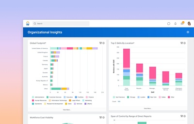 Dashboard organisatie-inzichten met staafdiagrammen voor mondiale voetafdruk en top vijf vaardigheden per locatie.