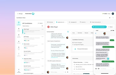 Vista completa della piattaforma Workday Paradox, con il dashboard desktop Candidate Inbox del recruiter e la sovrapposizione mobile dell'agente AI conversazionale "Olivia". Le schermate mostrano il funzionamento di Candidate Experience: domande di screening, cronologia delle conversazioni, riepilogo dei candidati e programmazione automatica dei colloqui.