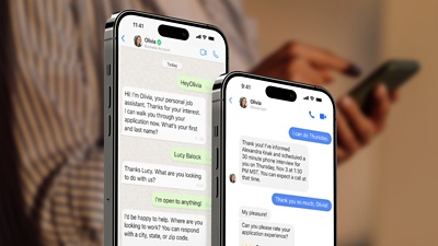 Side-by-side view of mobile screens demonstrating the Paradox AI assistant 'Olivia' facilitating a job application and scheduling an interview directly within chat platforms. The image shows application messages over WhatsApp and Facebook Messenger, highlighting the ability for candidates to apply and schedule across SMS, WhatsApp, or Facebook Messenger conveniently.