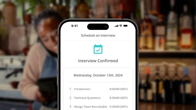 Mobile screen displaying an 'Interview Confirmed' success screen from the Paradox AI agent, showing a calendar icon with a checkmark and the scheduled interview details, including a multi-step agenda (Introduction, Technical Questions, Design Team Roundtable) and times. This illustrates the AI agent's capability to automatically screen candidates and schedule interviews based on team availability.