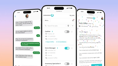 Representaciones de pantallas móviles que muestran la experiencia de ATS conversacional de Paradox: una es de "Olivia", asistente de IA mediante chat que guía a un candidato por las preguntas de una solicitud; otra es una pantalla de búsqueda de puesto con horas disponibles y seguimiento de candidatos; y otra una carta digital de oferta de puesto. Todo ello demuestra una automatización de contratación optimizada que prioriza los dispositivos móviles, con tecnología de Workday Paradox.
