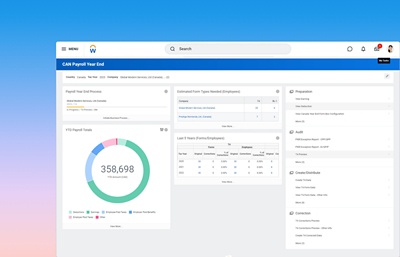 Screenshot of Payroll year end dashboard for Canada showing year-to-date payroll totals, payroll year end process, and tax year forms.