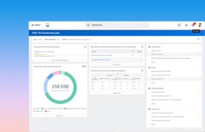 Capture d’écran du tableau de bord de fin d’année de la paie pour le Canada montrant les totaux de la paie depuis le début de l’année, le processus de fin d’année de la paie et les formulaires de l’année d’imposition.