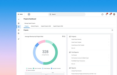 Project management software dashboard showing graphs for average revenue by project role and utilisation.