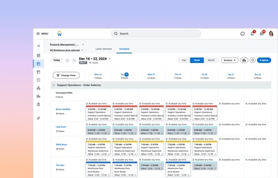 Captura de pantalla de tablero de mando de calendarios y optimizacin de la mano de obra con calendario interactivo que muestra la disponibilidad de los empleados y los horarios de los turnos.