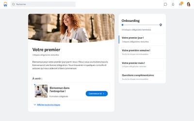 Capture d'cran du plan d'onboarding de 鶹ý souhaitant la bienvenue aux nouveaux collaborateurs lors de leur premier jour.