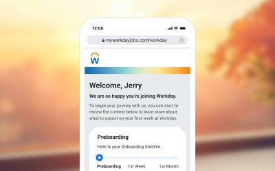Mobile screenshot from 鶹ý's Onboarding Plan showing a welcome preboarding screen for a new employee.