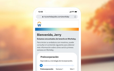 Mobile screenshot from 鶹ý's Onboarding Plan showing a welcome preboarding screen for a new employee.