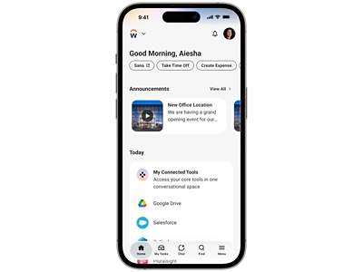screenshot of an employee home screen in Workday on a mobile device, featuring announcement bar, AI chat feature and quick links to connected business apps.
