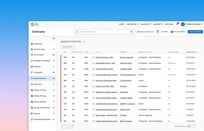Screenshot van lijst met leverancierscontracten en contractstatus in ݮƵ-applicatie op desktop.