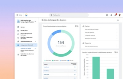 Capture d'cran du tableau de bord du Hub Gestion des temps et planification, affichant les insights de l'quipe d'analyse oprationnelle.