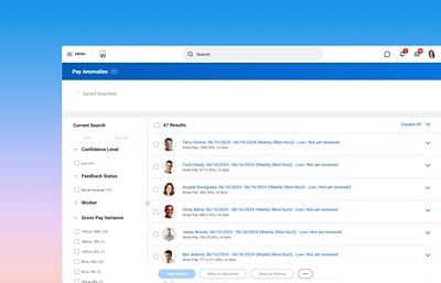鶹ý Pay Anomalies dashboard showing payroll discrepancies and flagged employees for review.
