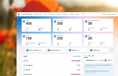 Desktopweergave van de overzichtspagina van het Workday VNDLY-vendormanagementsysteem.