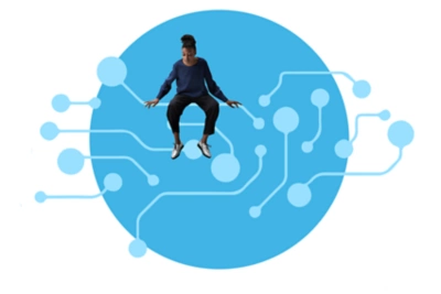 青い背景の AI ボットの上に座っている女性