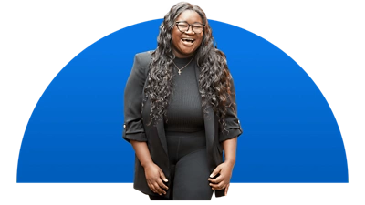 Workmate vor einem blauen Halbkreis