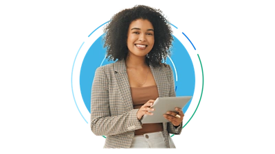 Woman looking at a device, smiling.