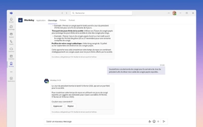 Capture d����cran sur ordinateur de l��application ��ݮ��Ƶ int��gr��e dans Microsoft Teams. L��interface affiche un menu ??T?che rapide?? de ��ݮ��Ƶ dans la barre lat��rale de Teams, permettant �� l��utilisateur de g��rer des t?ches des RH comme les demandes de cong�� directement depuis son espace de clavardage.