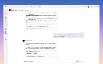 Desktop screenshot of the Workday app integrated within Microsoft Teams. The interface shows a Workday "Quick Task" menu inside the Teams sidebar, allowing a user to manage HR tasks like time-off requests directly within their chat workspace.